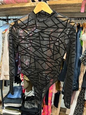 Black Sheer Geometric Velvet Burnout Bodysuit
